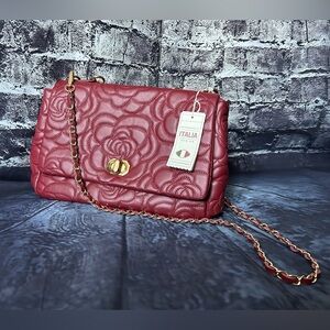 Anna Paola Italian Quilted Red Rose Leather Flap Crossbody
